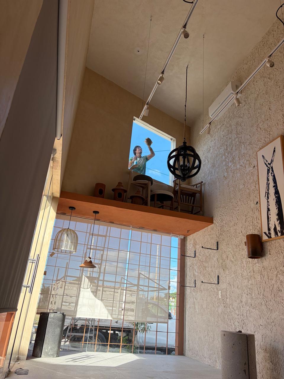 Persona limpiando una ventana desde el interior de un edificio con techos altos.